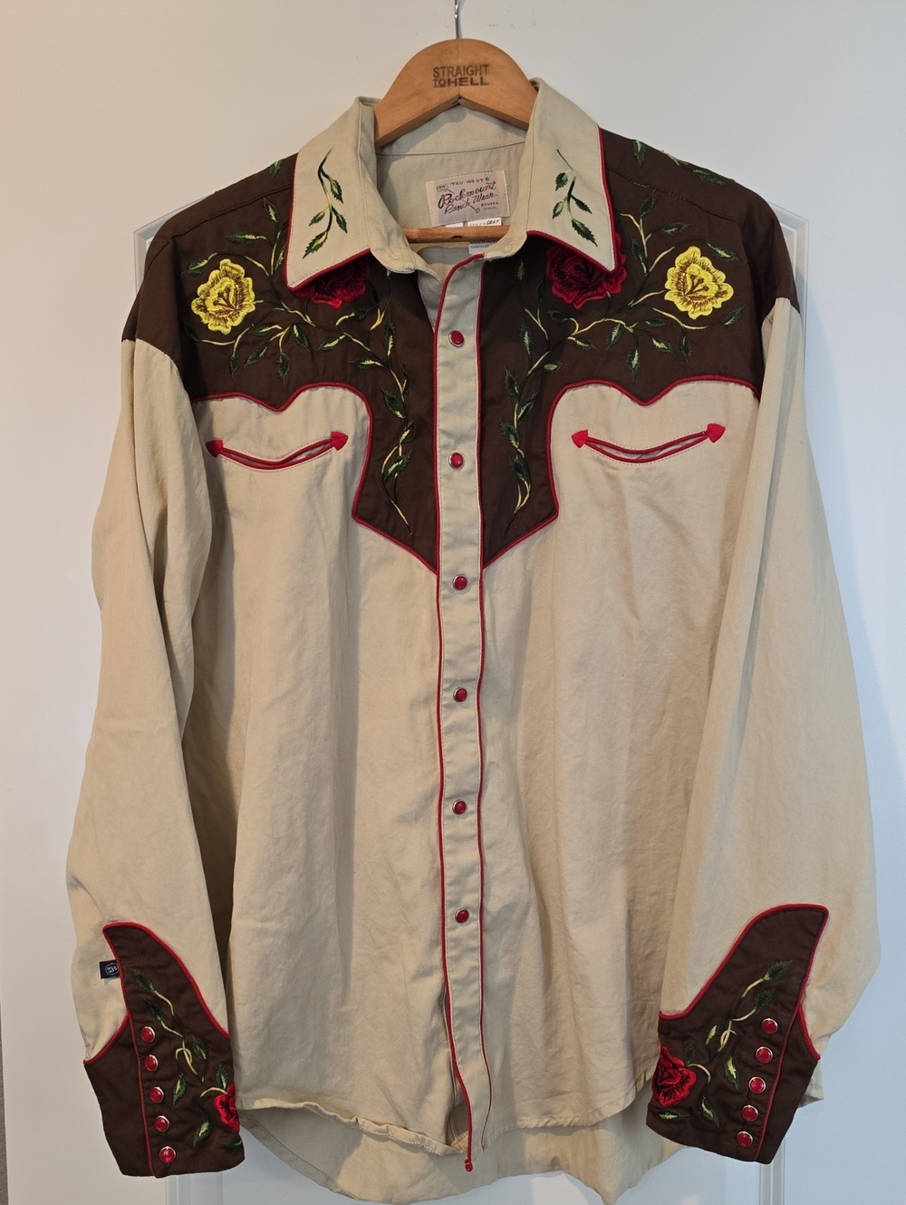 Rockmount Vintage-Inspired Rose Embroidered Tan Western Shirt Sz XL
